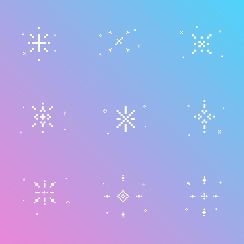 White  sparkling star pixel art set vector