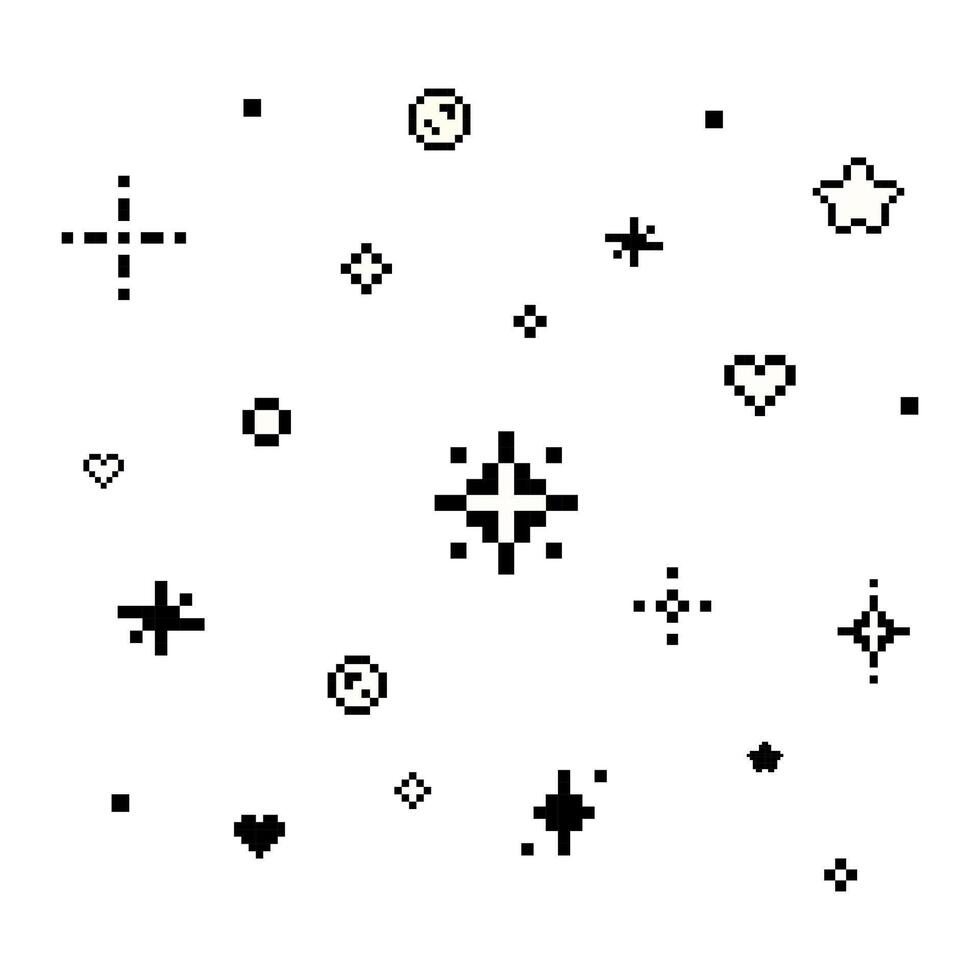 Pixel sparkling star, heart,  Soap bubbles  glittering 8 bit style vector