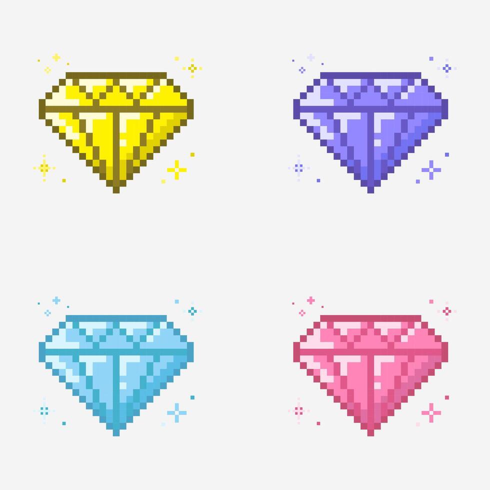 Diamonds with sparkling pixel art 8 bit style for game item design vector