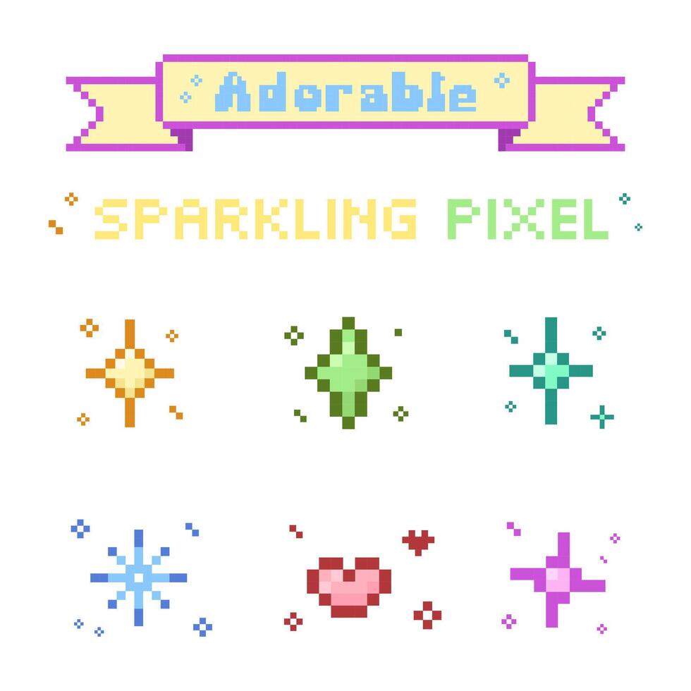 Set of adorable sparkle pixel 8 bit style vector