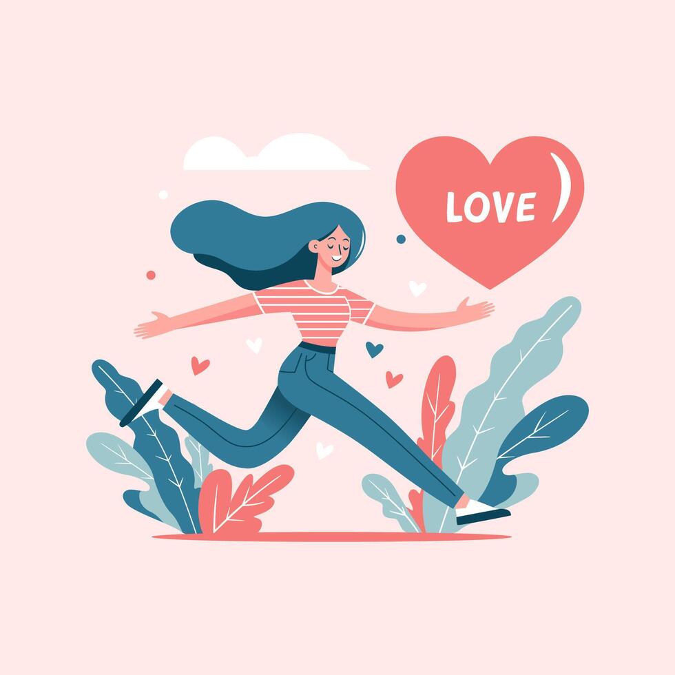 plano ilustración vector mujer con amor corazón forma