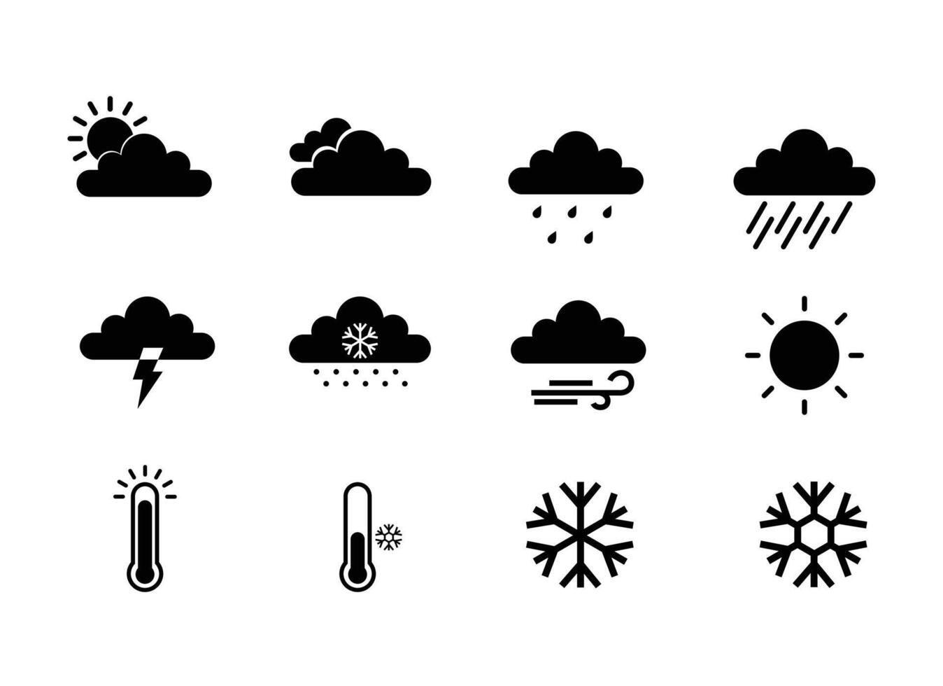 icono conjunto clima, nublado, llovizna, lluvia, nieve, brillante sol, contorno diseño, negro y blanco, y 3d. eps 10 vector