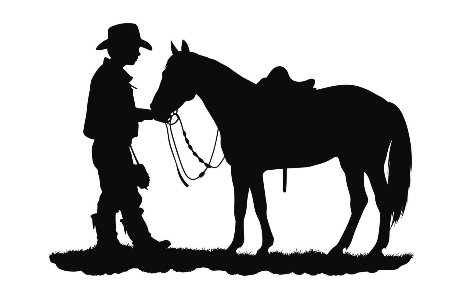 A Little Cowboy with horse black silhouette vector isolated on a white background