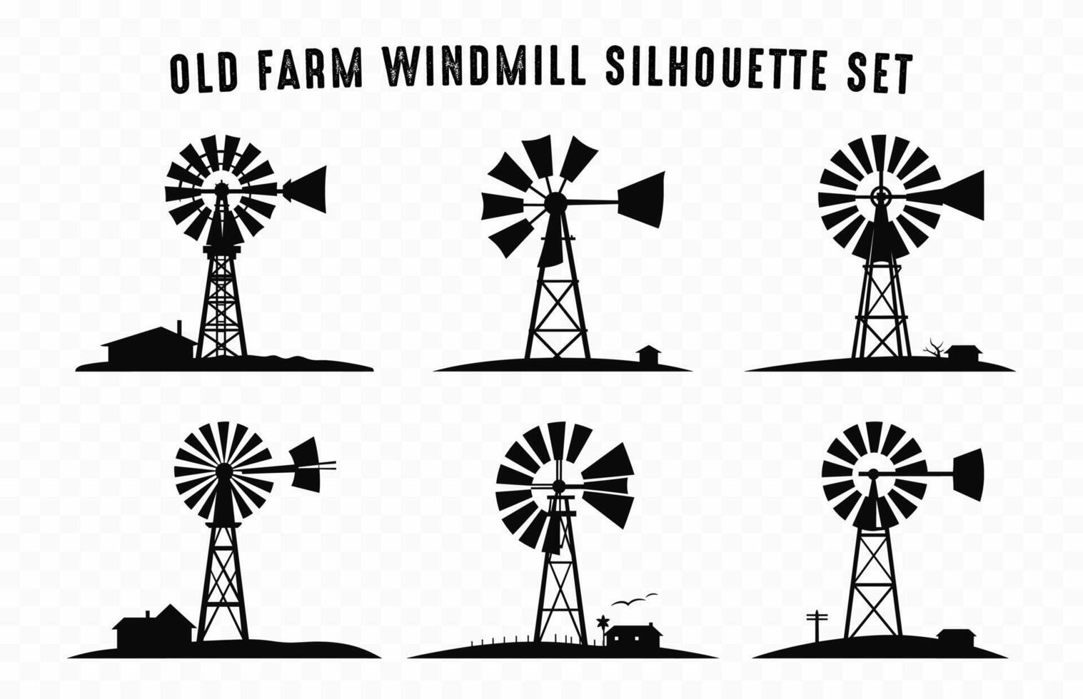 Old Farm Windmill Silhouette black Vector Set, Water pumping windmill Silhouettes Bundle