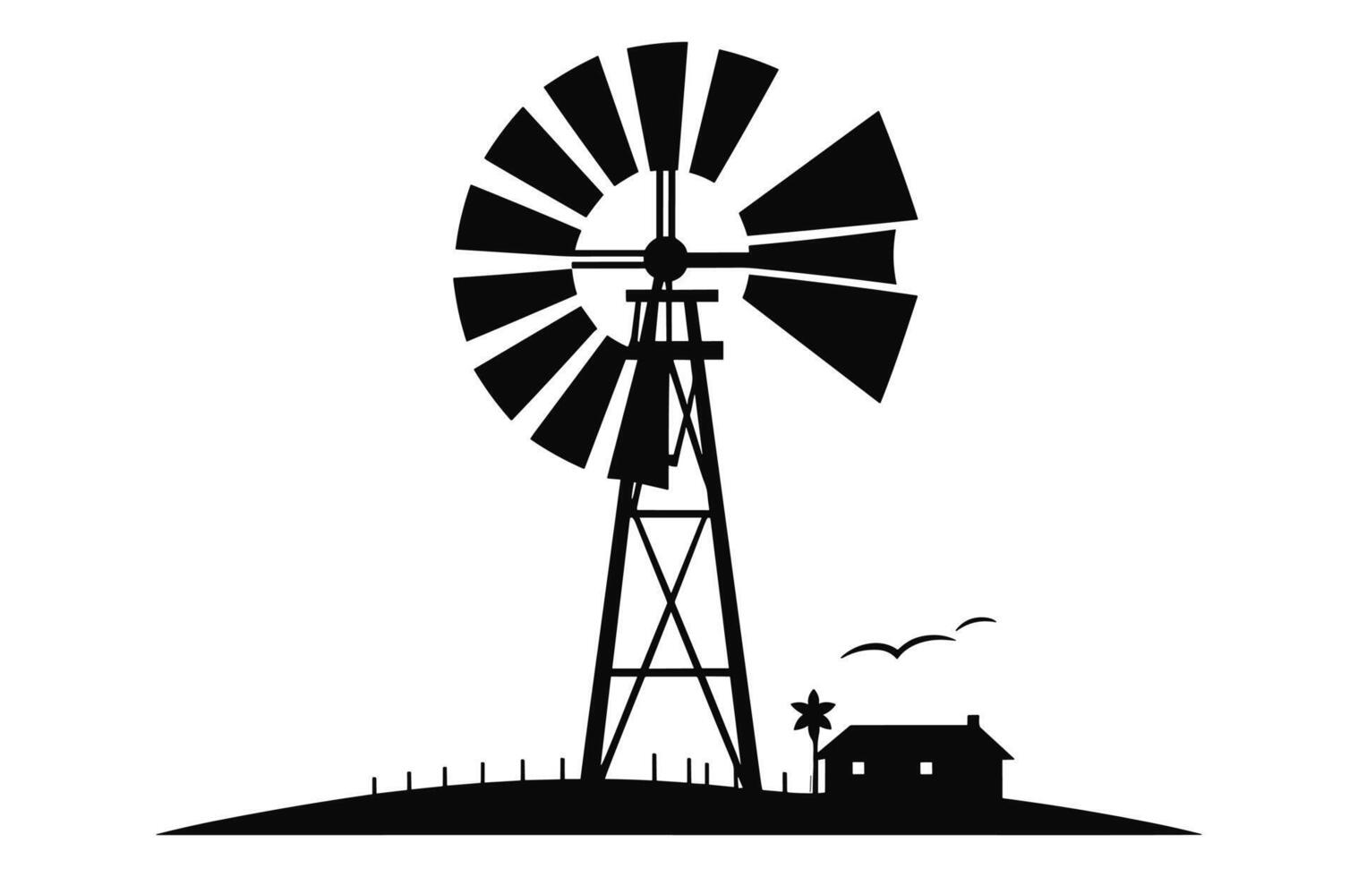 Old Farm Windmill black Silhouette Vector