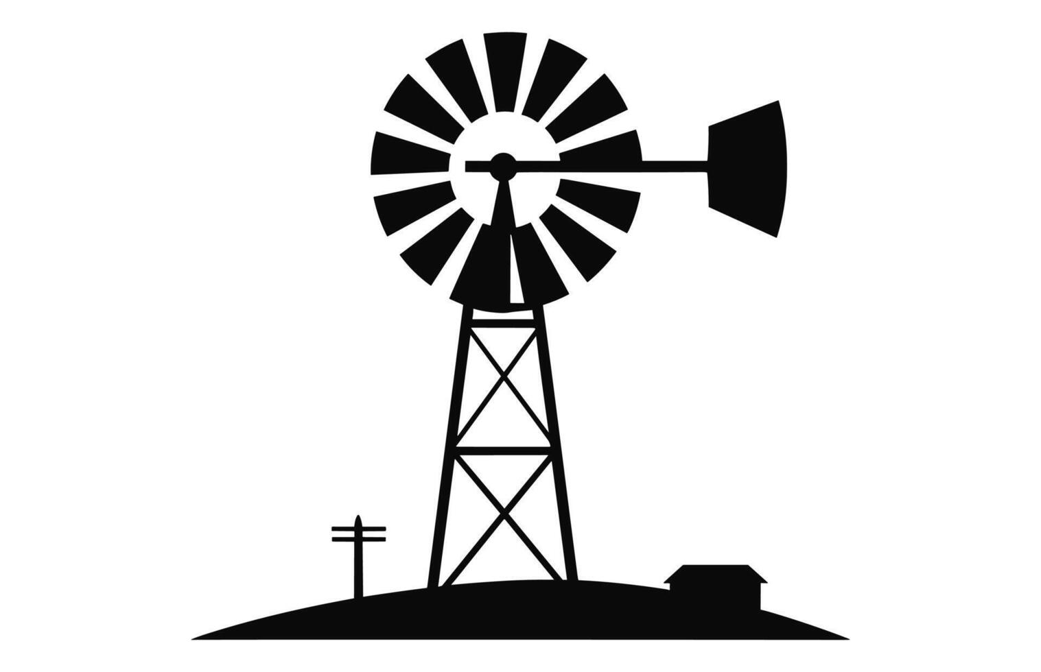 Old Farm Windmill black Silhouette Vector isolated on a white background