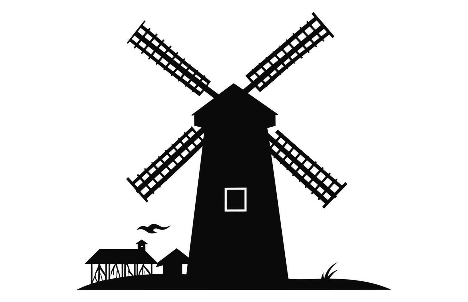 Old Farm Windmill black Silhouette Vector