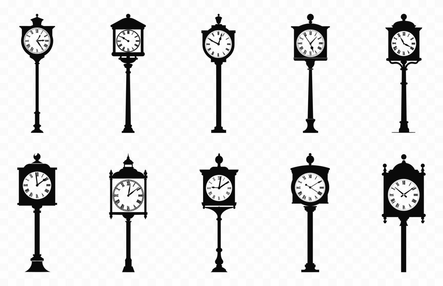 Old Street Clock Silhouette black Vector Bundle, Vintage Street Lantern and Clock Silhouettes Set