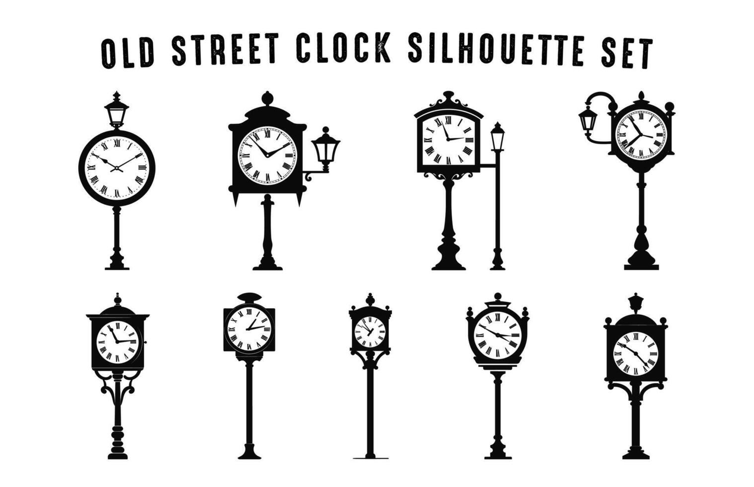 Old Street Clock Silhouette black Vector Bundle, Vintage Street Lantern and Clock Silhouettes Set