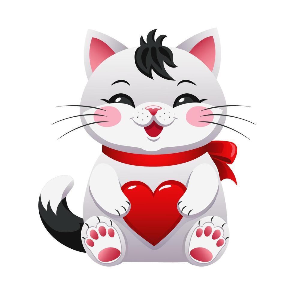 linda gatito con un rojo cinta y un corazón en sus patas dibujos animados personaje para san valentin día, boda, cumpleaños. vector ilustración.