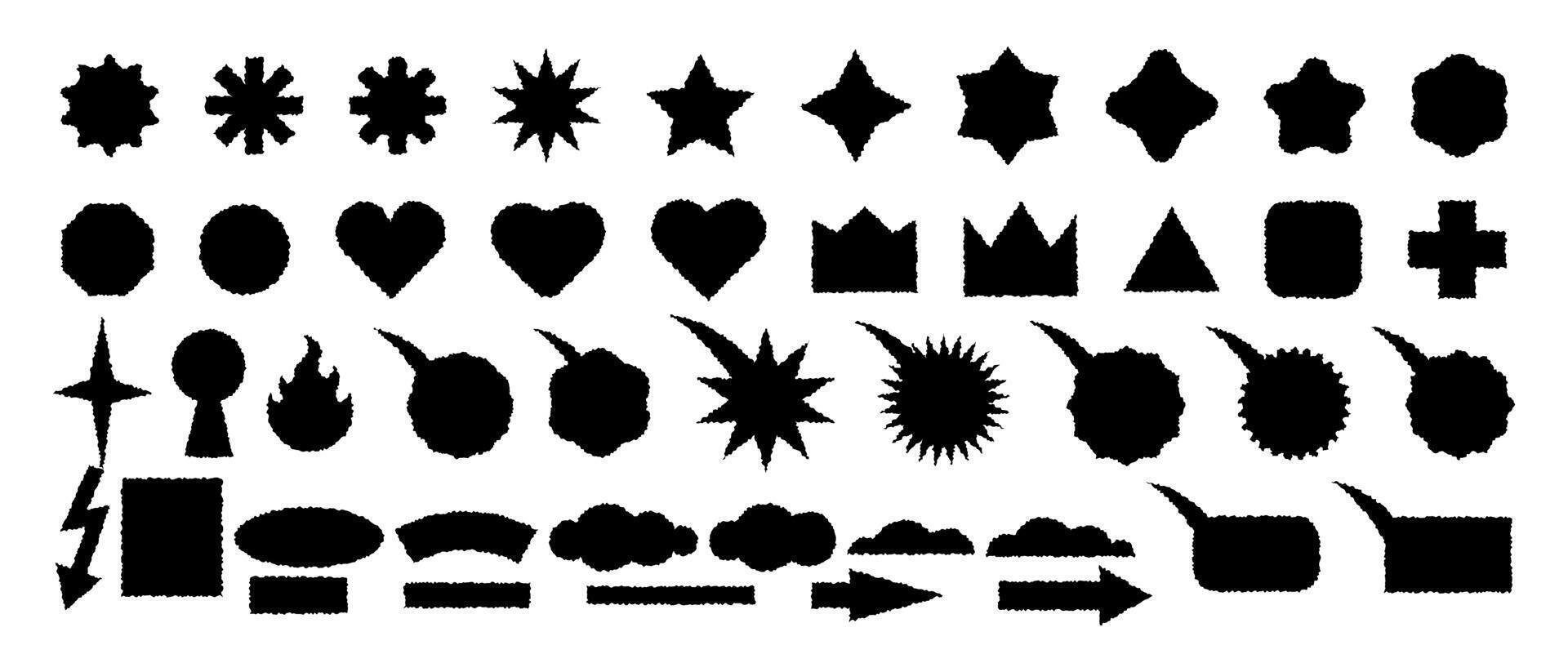 Basic shapes with a rough, ragged edge. Set of grunge elements for collage, sticker. Black icons. Heart crown arrow star circle bubble speech flame lightning square rectangle. Vector illustration.