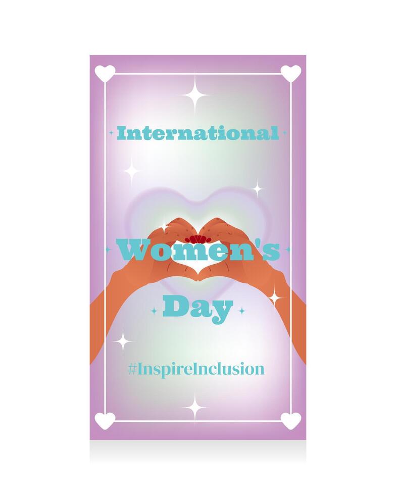 Stories in y2k style for International Womens Day. Two hands showing a heart symbol on a y2k gradient blurred background in 2000 aesthetic style. Pastel colors. Vector illustration.