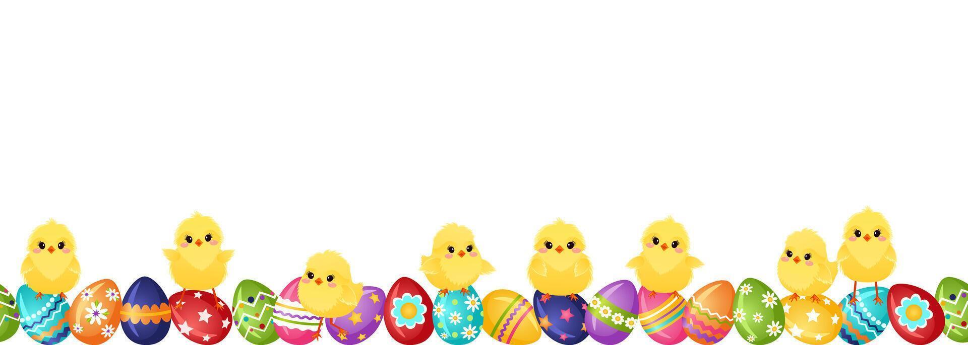 Seamless border with Easter eggs and yellow funny fluffy chickens. Easter decor template. Horizontal decorative divider with painted eggs and chickens. Vector illustration.