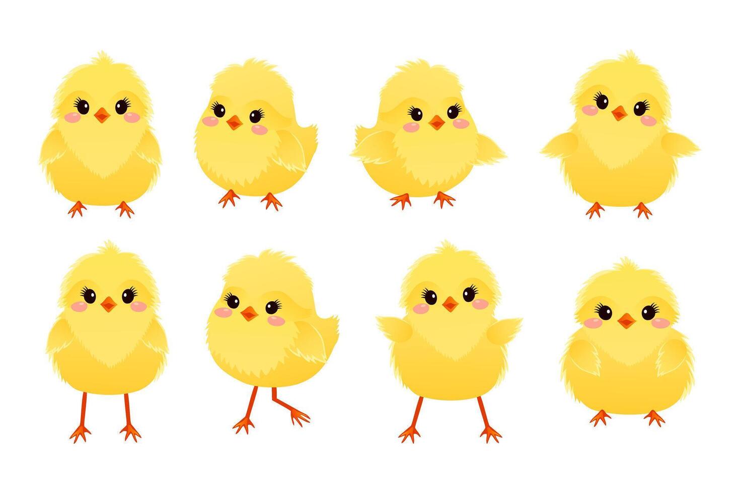 Collection of cute cartoon chickens. Yellow funny Easter chickens. Spring poultry babies in different poses. Vector illustration.