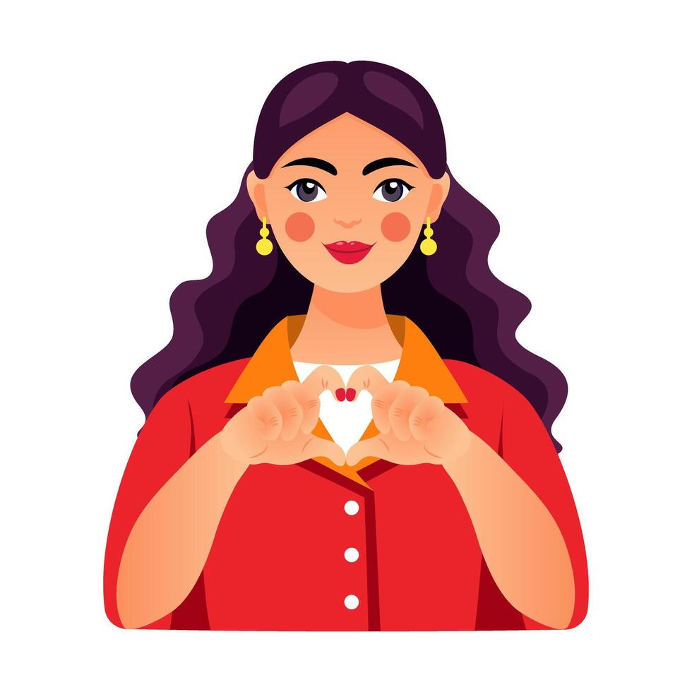 contento europeo niña muestra un corazón símbolo con su manos. un joven mujer sostiene su manos en el forma de un corazón. concepto para internacional De las mujeres día, san valentin día, amor. vector ilustración.