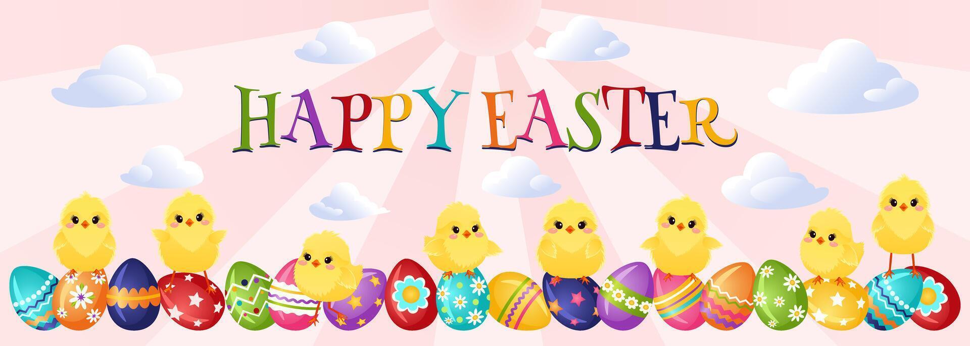 Easter background with eggs and funny chickens. Cute chickens stand on colorful painted eggs on a pink sunny background with clouds.Vector illustration. vector
