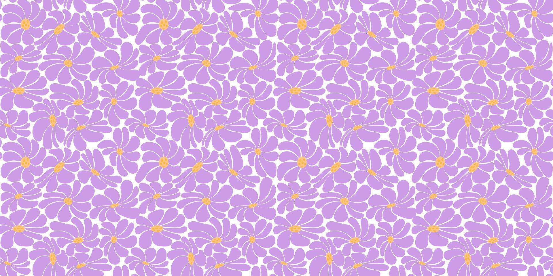 Horizontal seamless floral groovy background. Retro hippie pattern with daisies in the naive style of the 60-70s. Purple, yellow color. Vector illustration.