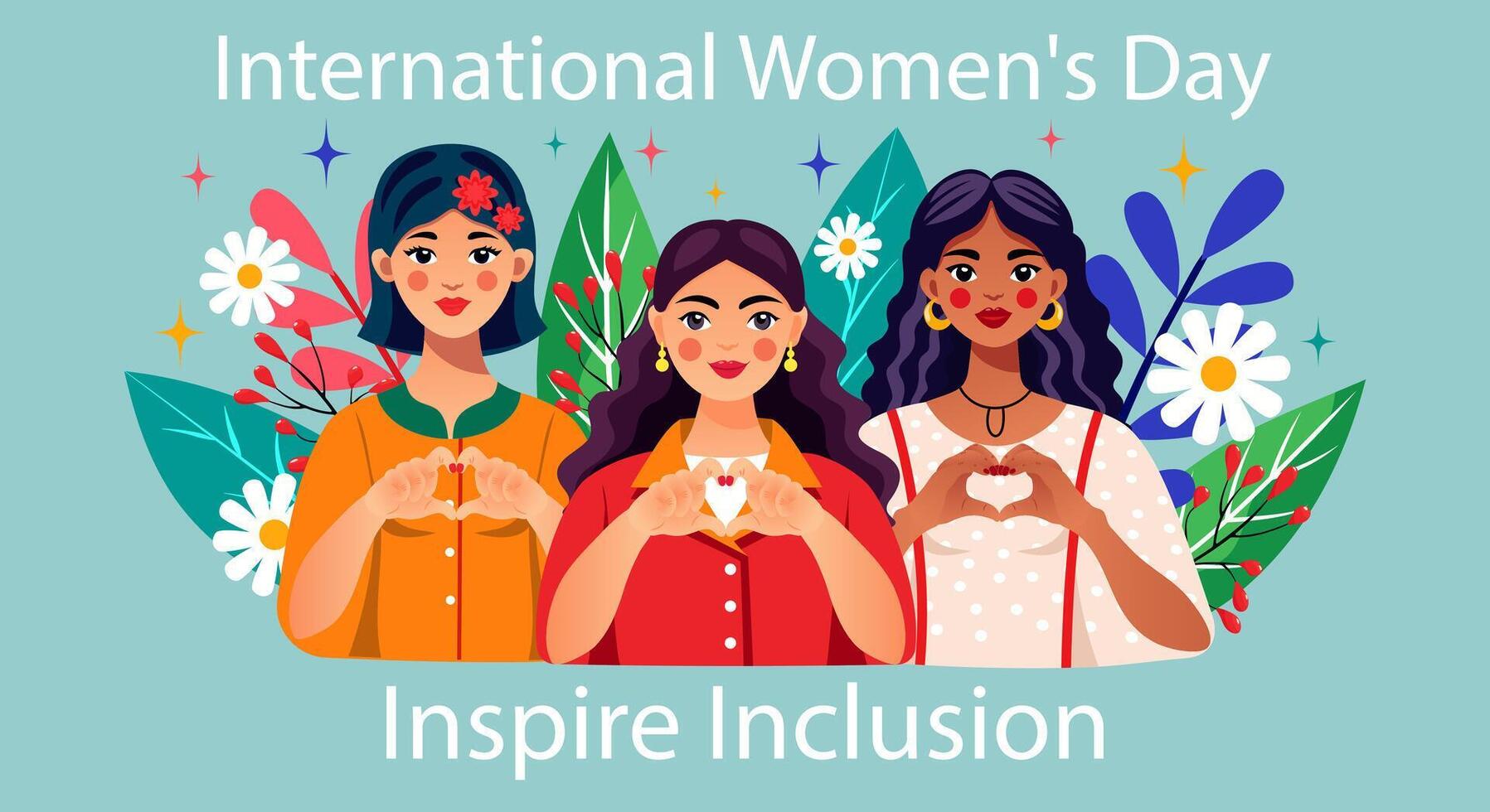 International Womens Day greeting background with slogan Inspire Inclusion. IWD 2024 banner with women of different nationalities. Gesture with hands in the shape of a heart. Vector illustration.