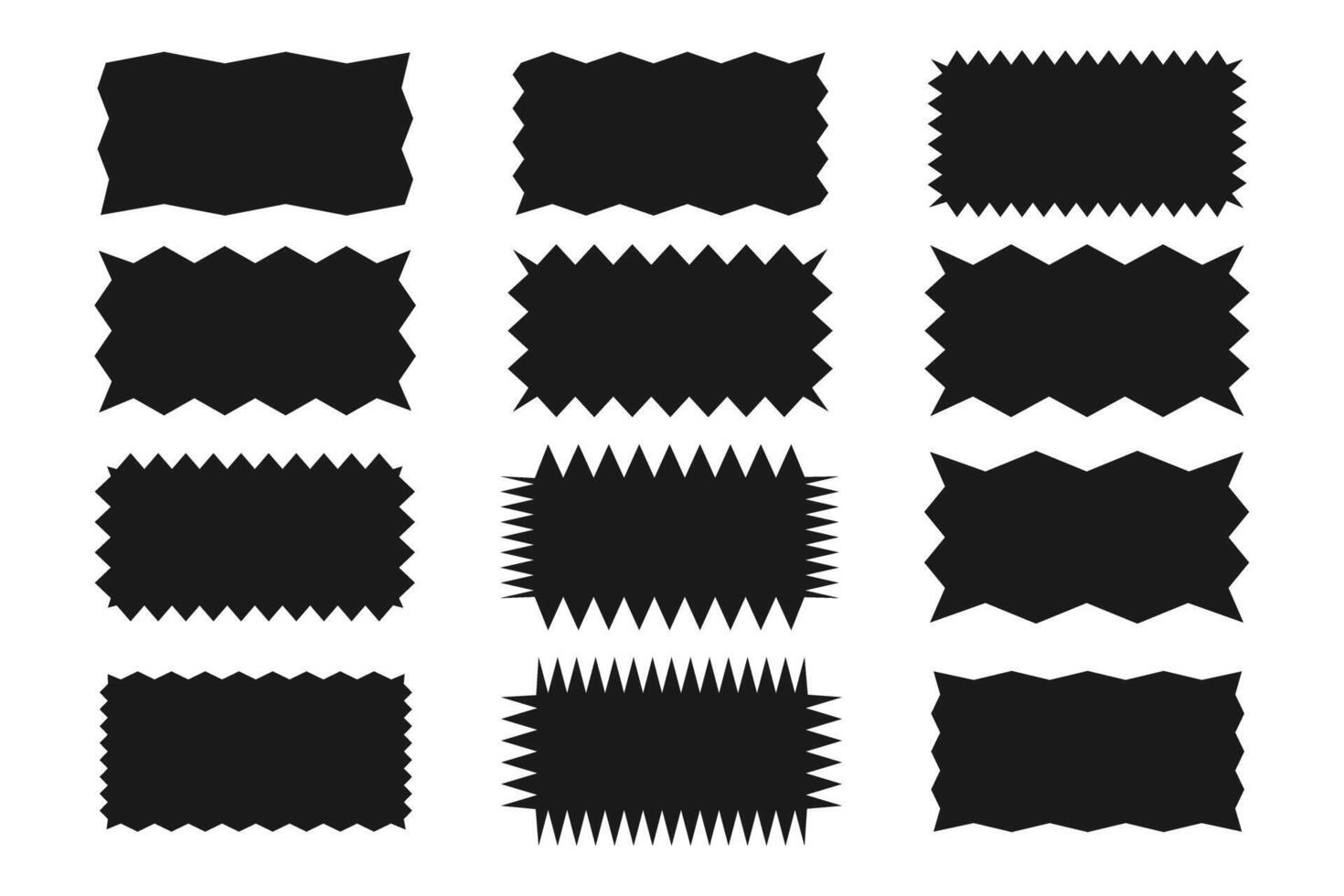 Serrated rectangle with zig zag edge. A set of uneven zigzag rectangular shapes. Black color. Isolated elements for design of text box, button, badge, banner, tag, sticker, badge. Vector illustration.