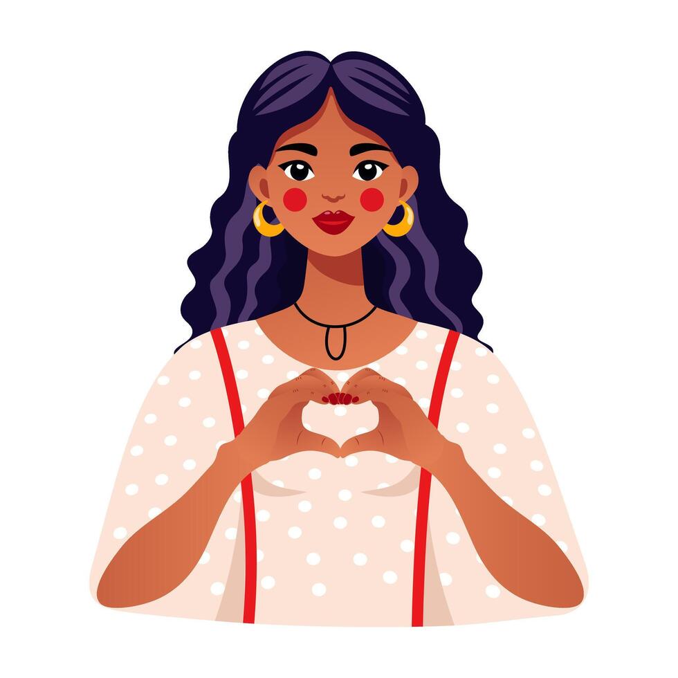 Beautiful african girl shows a heart sign with her hands. A woman holds her hands in the shape of a heart. Concept for International Womens Day, Valentines Day, love. Vector illustration.