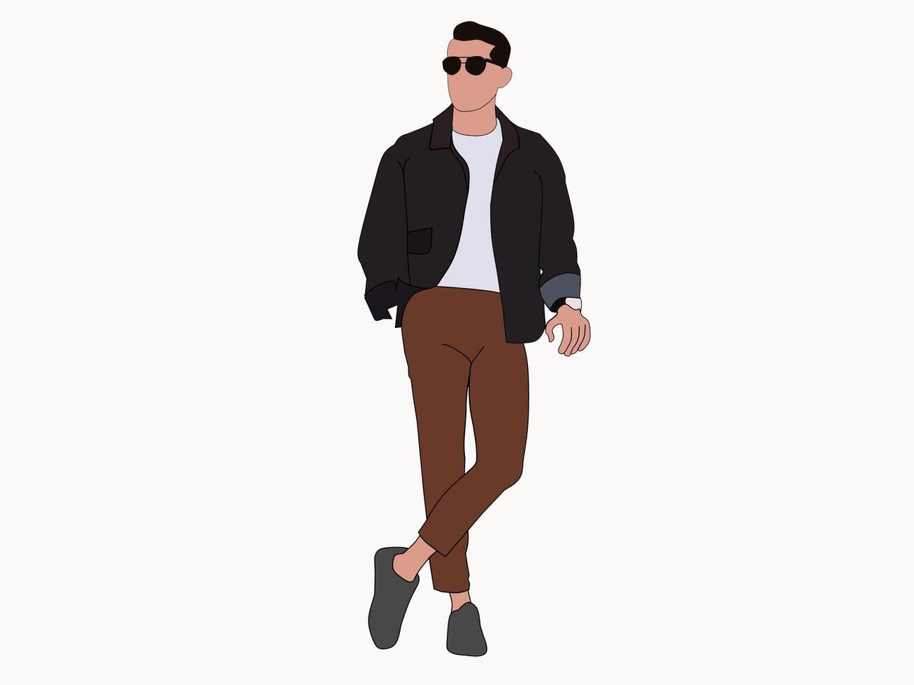 Vector flat face illustration of black jacket outfit with brown pants on white background. Men's fashion concept casual background.