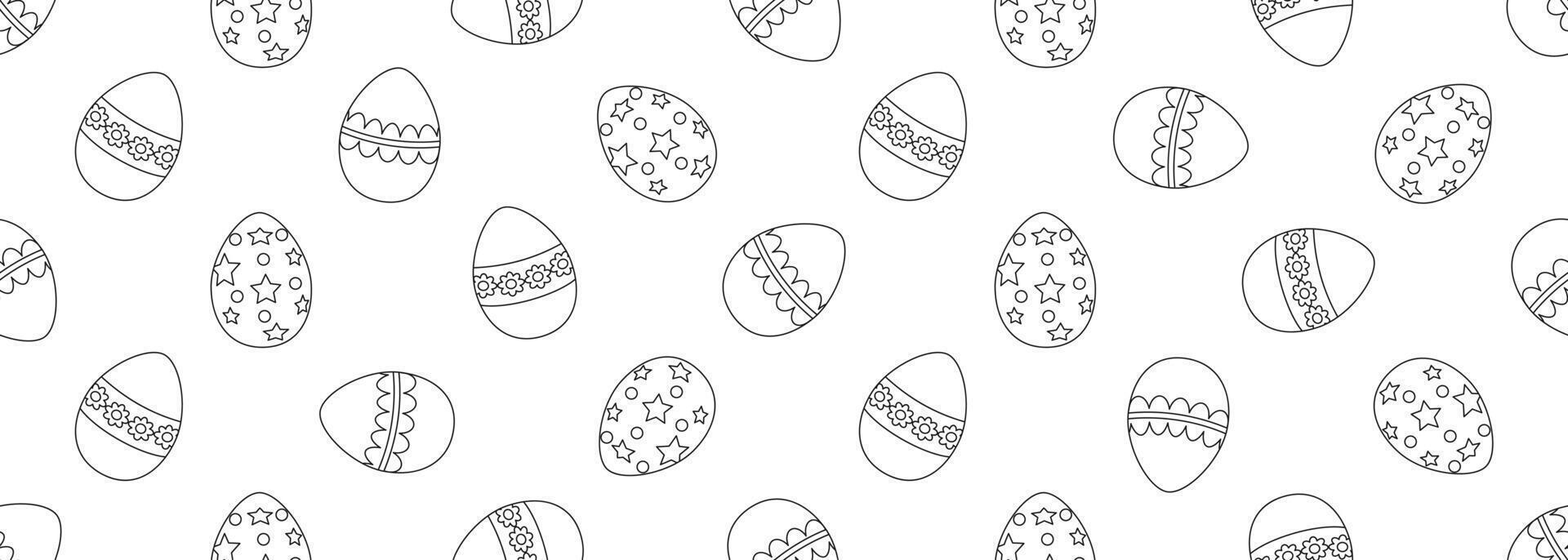 Seamless horizontal Easter background with outlines of Easter eggs. Black and white. Template for coloring, fabric, wallpaper, wrapping paper. Vector illustration.