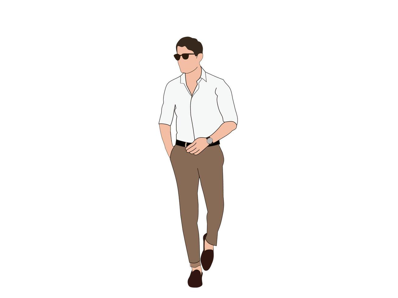 Vector of a flat-faced wearing dark glasses, a white collared T-shirt white light brown pants. Men's fashion themed illustration vector concept.