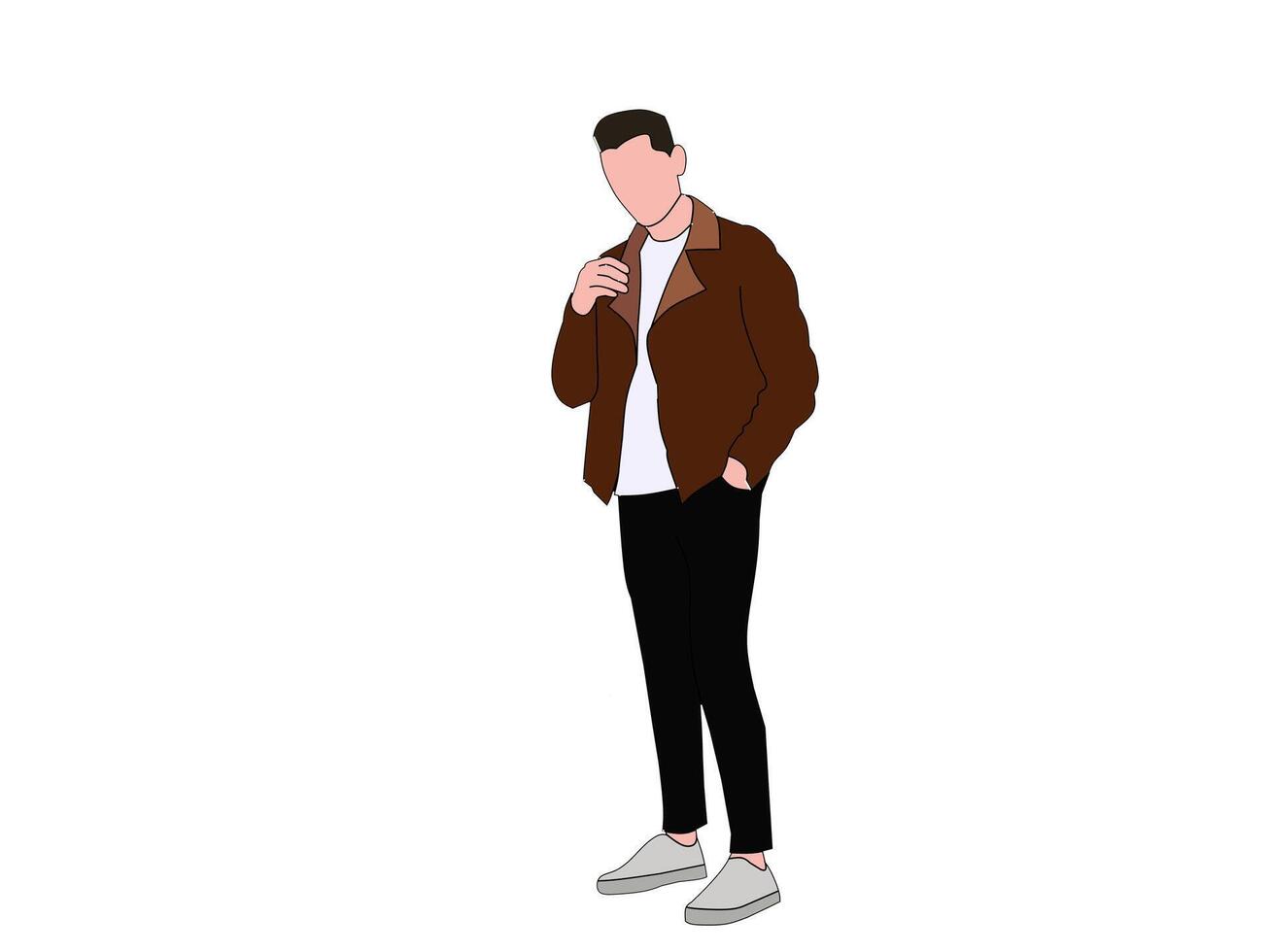 vector de un cara plana hombre vistiendo un oscuro marrón chaqueta, un blanco con cuello camiseta con ligero marrón pantalones. de los hombres Moda temática ilustración vector concepto.