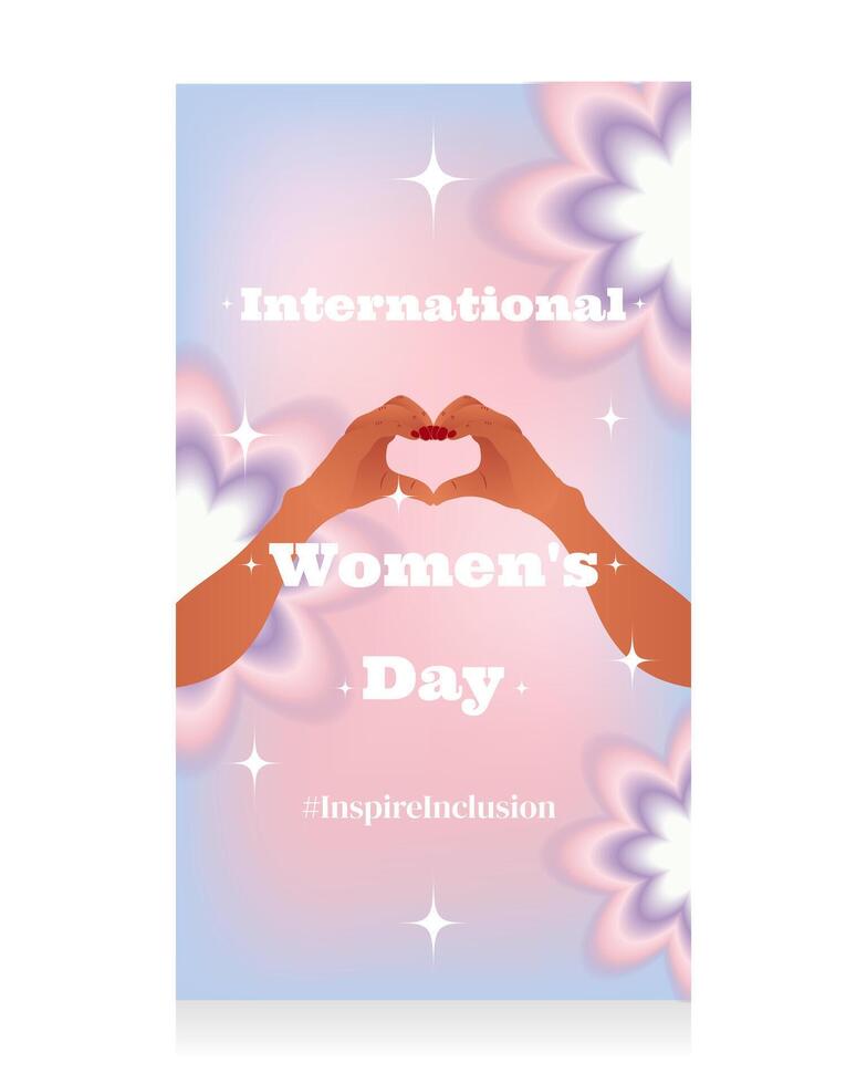 y2k stories background for International Womens Day. Gradient blurred y2k 2000 social media stories template with heart shaped hand gesture. Glamorous aesthetics of the 90s-2000s. Pastel shades. vector