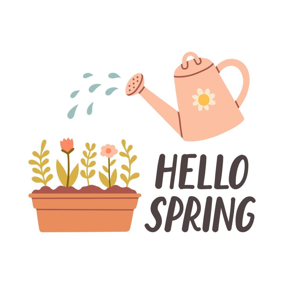 Hola primavera citas. floral primavera mano dibujado huellas dactilares diseño. positivo frases para pegatinas, postales o carteles vector ilustración