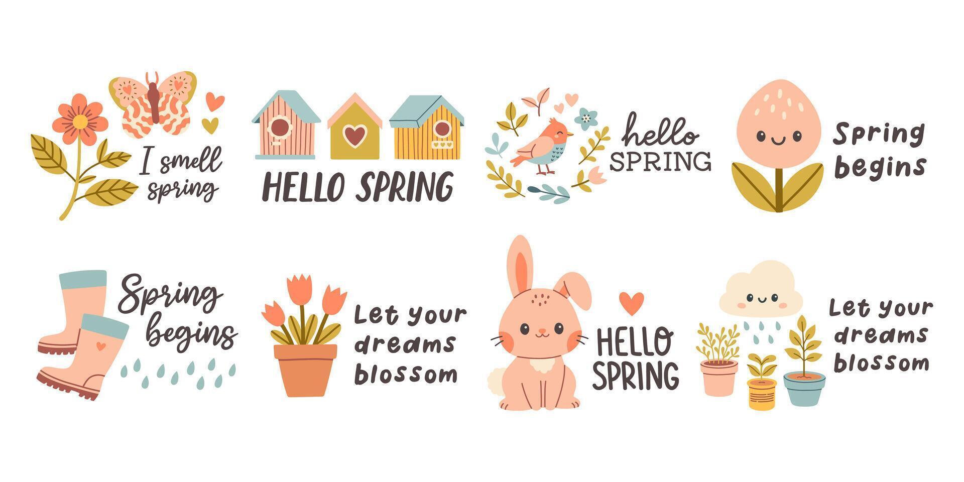Hello spring quotes set. Floral springtime hand drawn prints design. Positive phrases for stickers, postcards or posters. Vector illustration