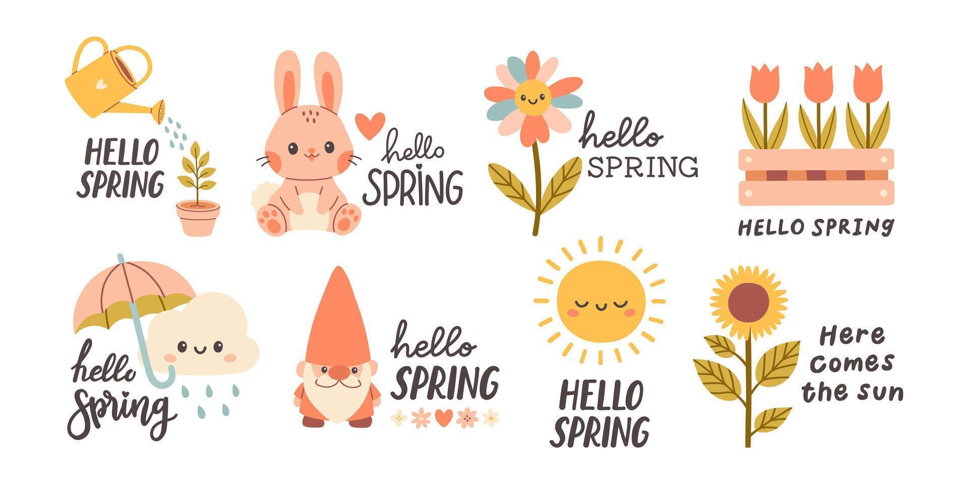 Hello spring quotes set. Floral springtime hand drawn prints design. Positive phrases for stickers, postcards or posters. Vector illustration