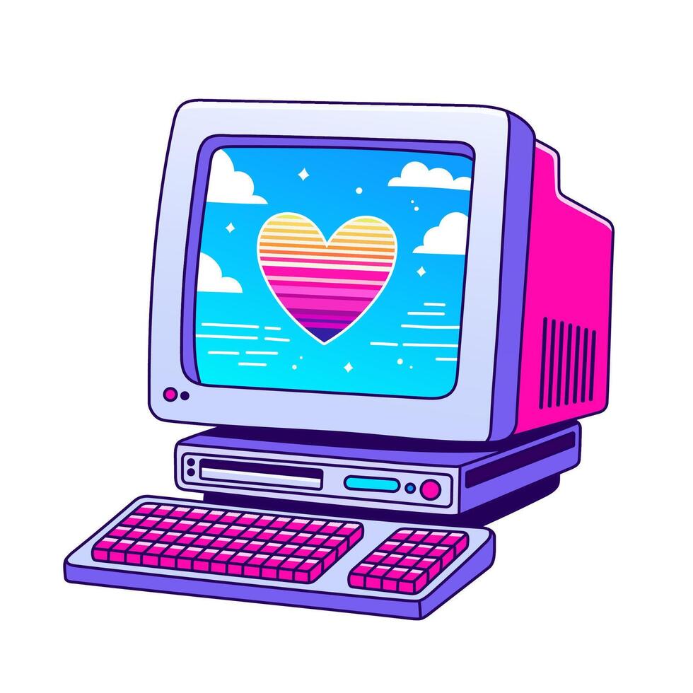 90s Valentines day card in flat style, line style. Hand drawn computer vector illustration. Patch, badge, emblem. Vector illustration