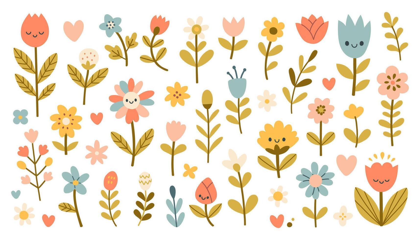 Isolated set with cute spring flowers and leaves in flat cartoon style. Ideal kids design, for fabric, wrapping, textile, wallpaper, apparel. Vector illustration