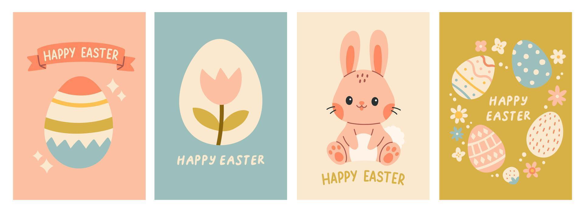 Cute Easter cards set. Spring and Easter collection of cute animals, flowers and decorations. Perfect for poster, card, scrapbooking , tag, invitation, sticker kit. Hand drawn vector illustration.