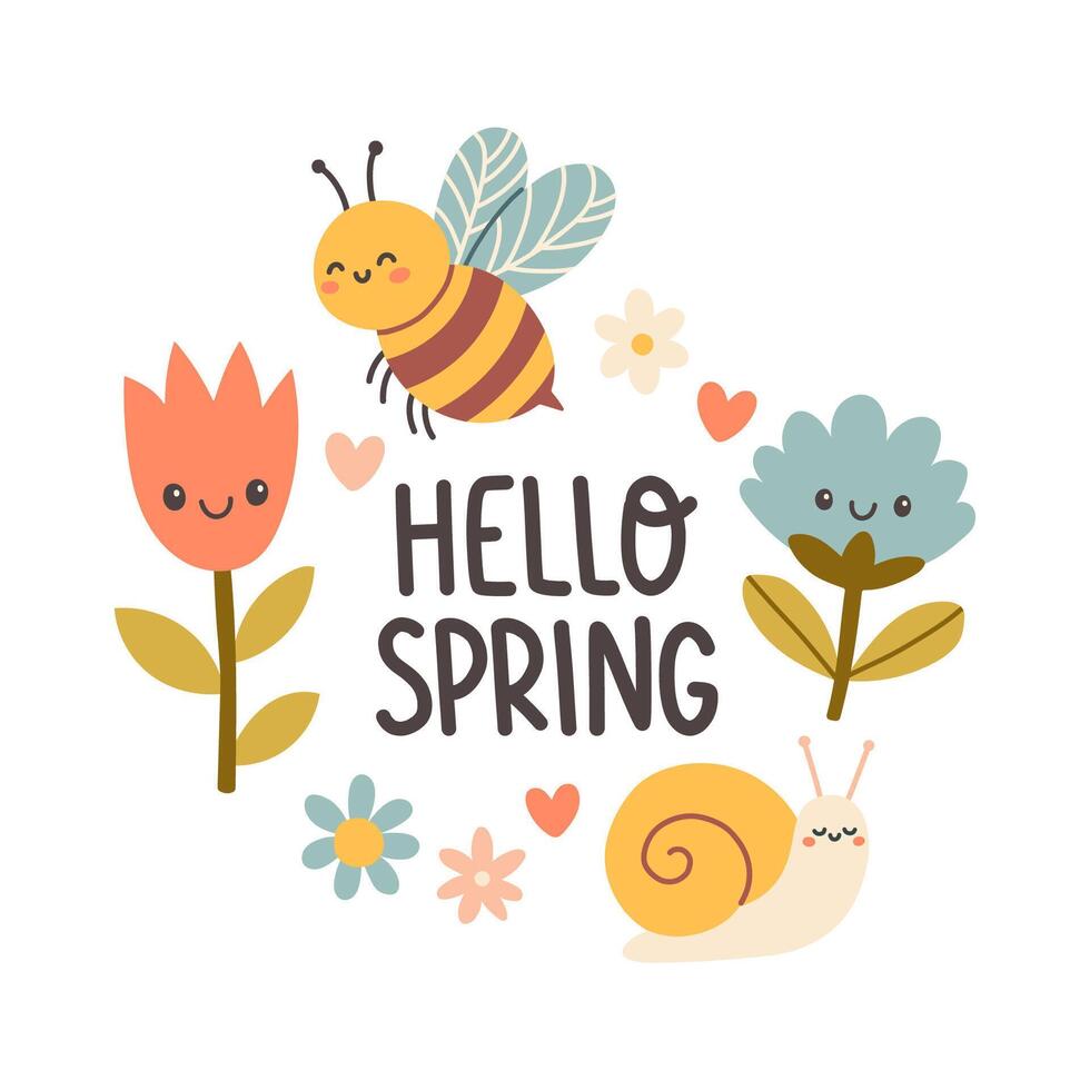 Hello spring quotes. Floral springtime hand drawn prints design. Positive phrases for stickers, postcards or posters. Vector illustration