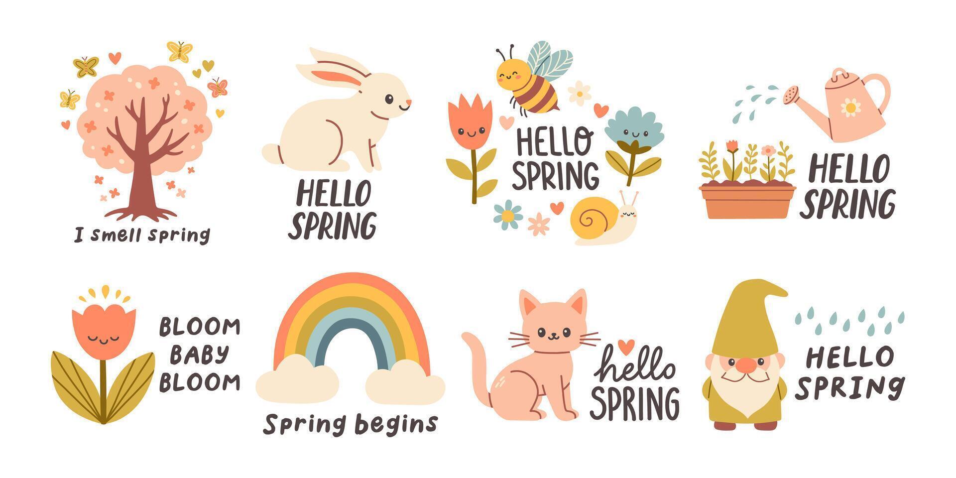 Hello spring quotes set. Floral springtime hand drawn prints design. Positive phrases for stickers, postcards or posters. Vector illustration