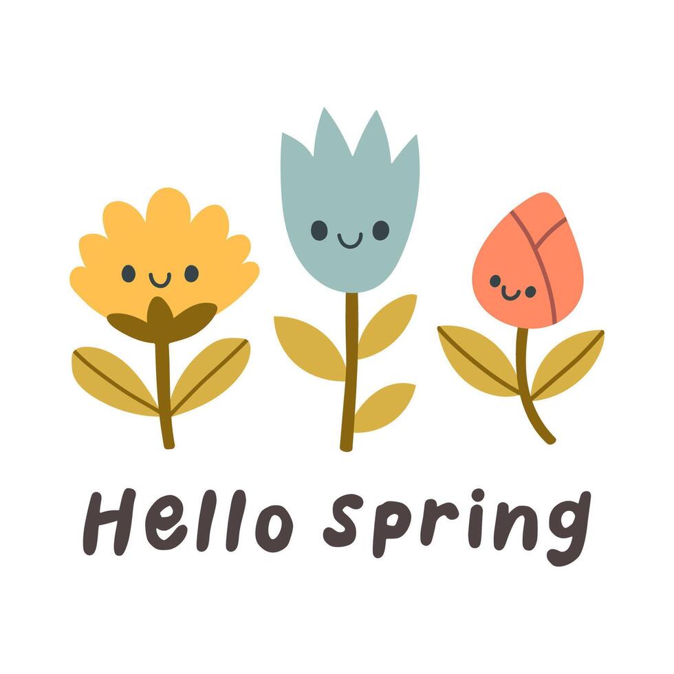 Hello spring quotes. Floral springtime hand drawn prints design. Positive phrases for stickers, postcards or posters. Vector illustration