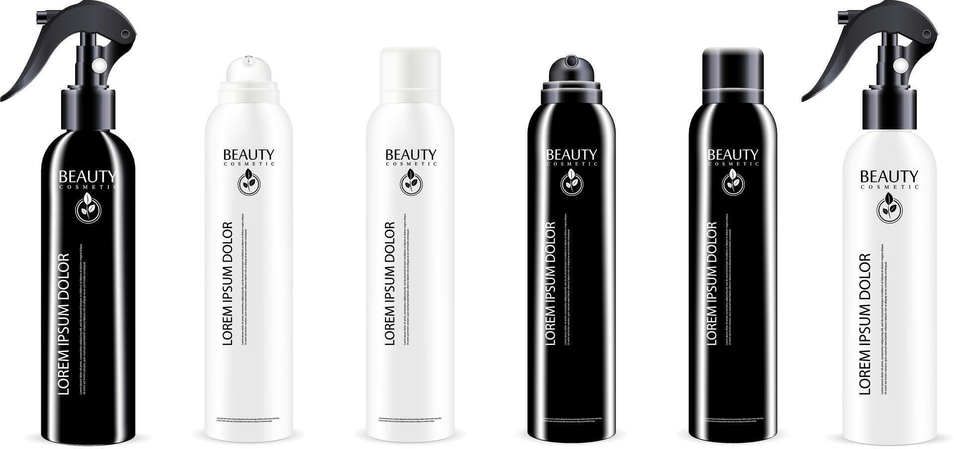 Black and white spray bottle cosmetics package with different color dispenser cap. Isolated container design with pump for liquid, water, oil, tonic, other products. Vector mockup illustration.