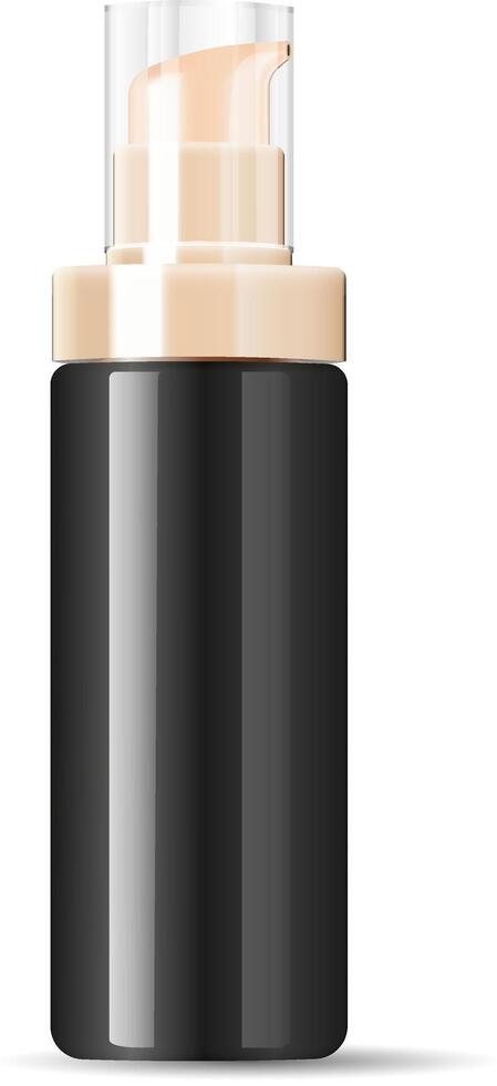 Black cosmetics cream dispenser pump bottle container in realistic glossy glass or plastic material. Mockup template for cream, emulsion, and other cosmetics or medical products. Vector illustration.