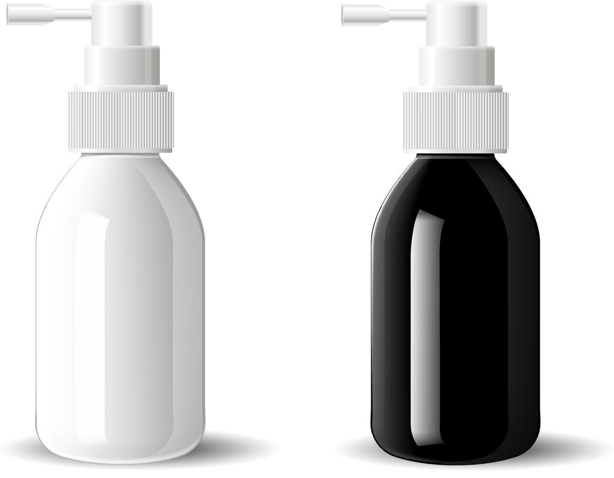 Black and white glass moisturized spray cosmetic bottles mock up set. Vector illustration. Blank template for your design. Dispenser spray inhalator lid container. Isolated medical product.