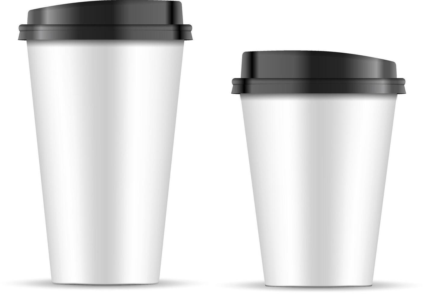 blanco papel café tazas conjunto con negro tapa aislado en blanco antecedentes. 3d realista café taza Bosquejo. eps10 vector modelo diseño ilustración.