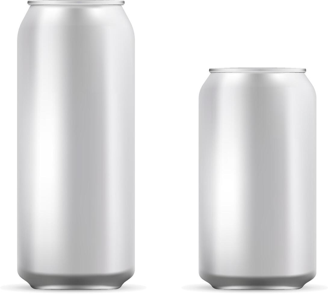Aluminum cans set mockup illustration. Realistic metallic can for beer, soda, lemonade, juice, energy drink. EPS10 Vector template for your design.