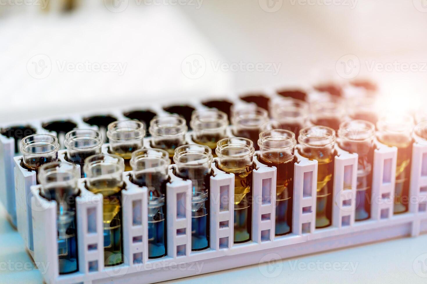 Rack of tube in laboratory with biological material in laboratory at the table. Closeup. photo