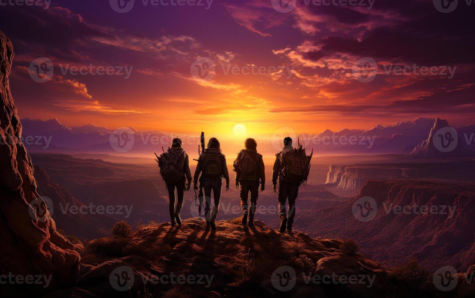 AI generated Four silhouettes of group of adventurers stand on top of mountain and watch the sunset. photo