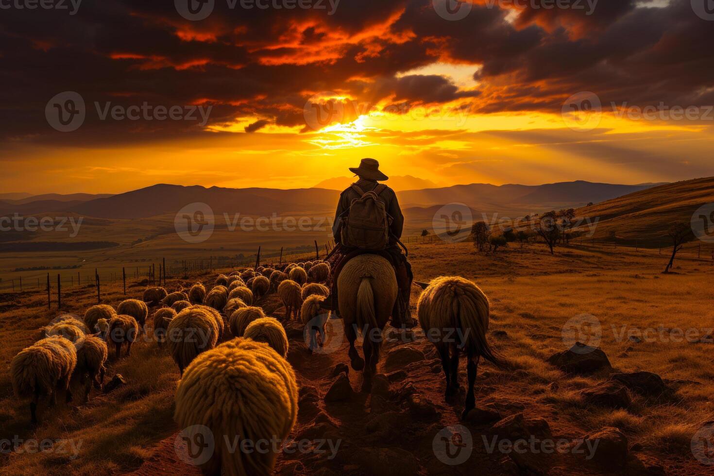 AI generated Horseriding man riding shee. Cowboy herding sheep at sunset photo