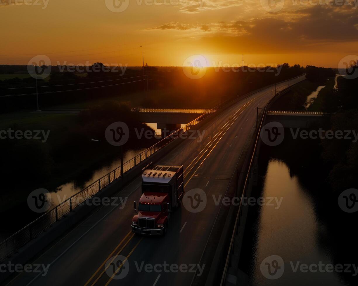 ai generado rojo semi camión viajes abajo autopista a puesta de sol. foto