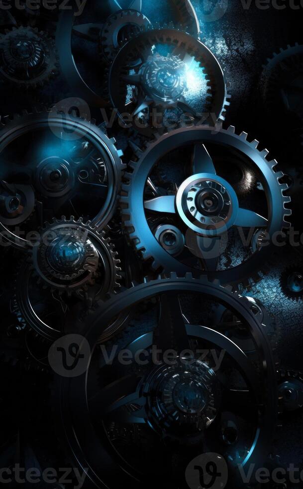 AI generated Steampunk background from mechanical clocks details over the black photo