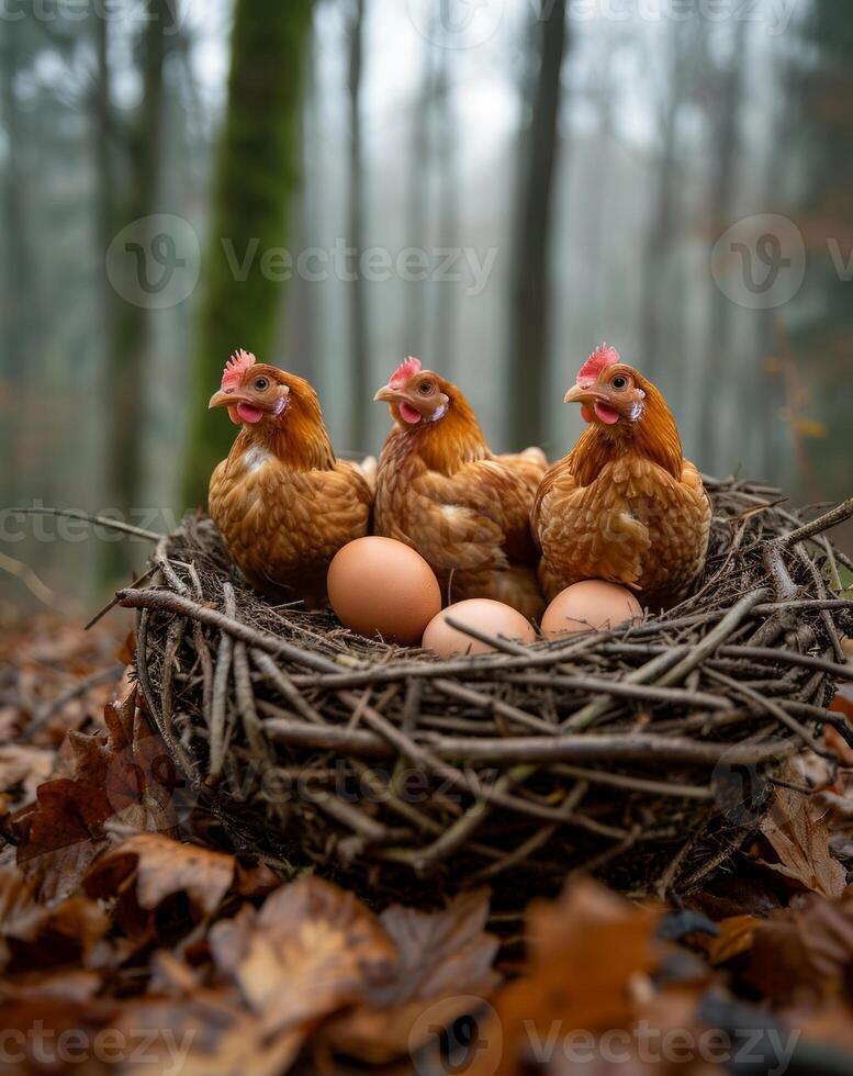 AI generated Chickens in a basket with eggs. A flock of chickens gathered on top of a nest, showcasing their instinctual behavior. photo