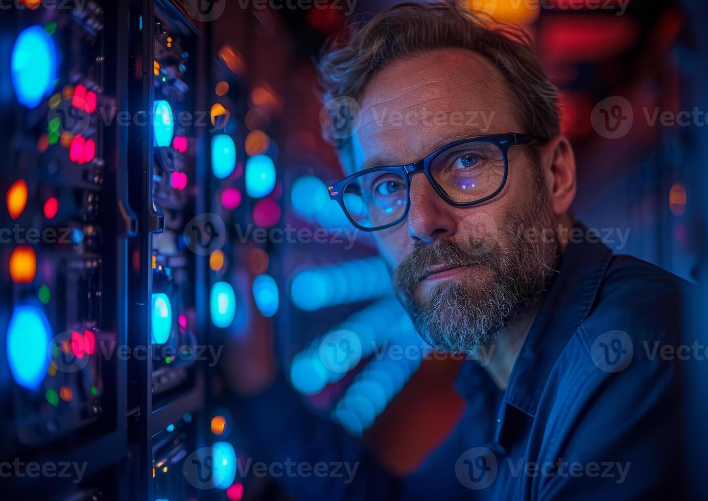 AI generated A man with glasses is working in a data center. A man with glasses is attentively looking at the screen of his computer. photo